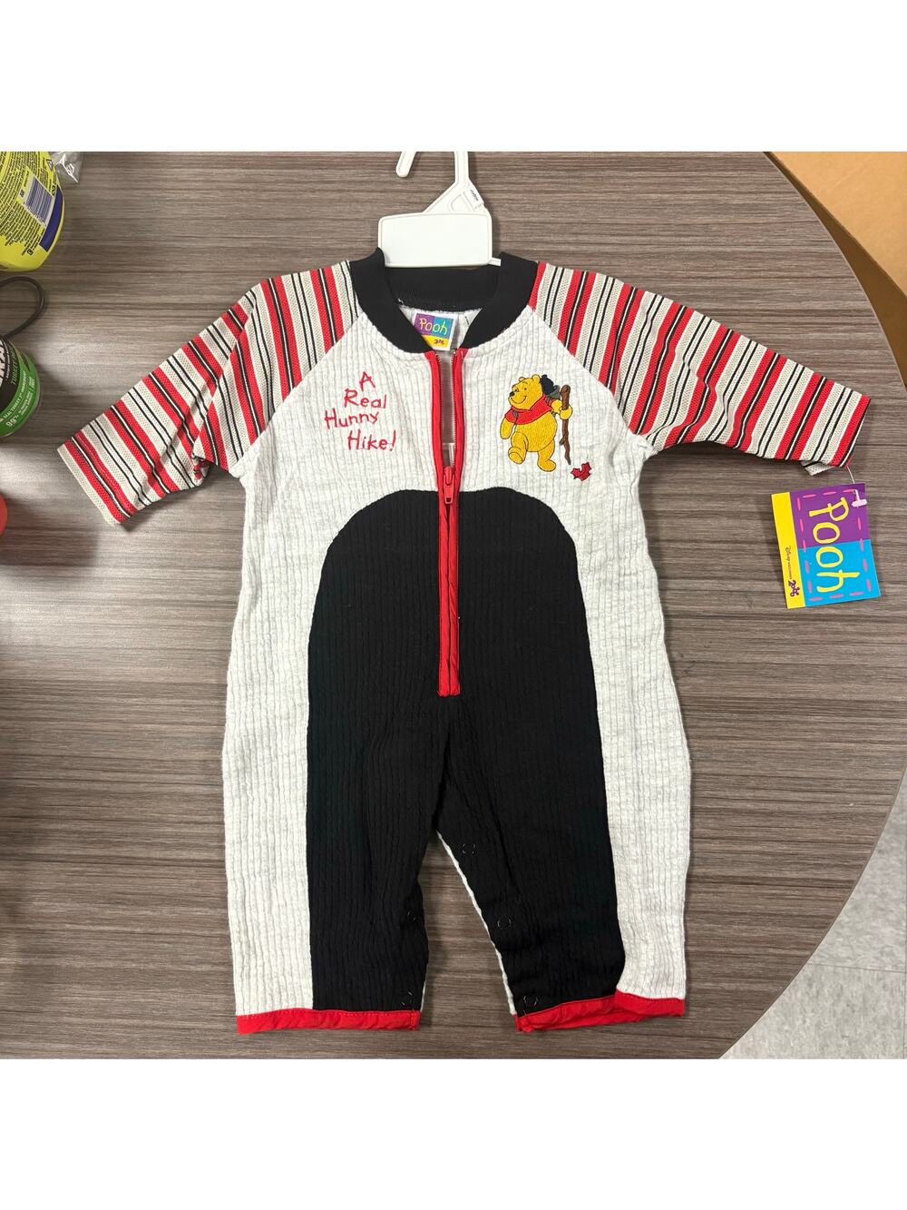 Disney Vintage Winnie the Pooh Romper 3/6m Red/Black Striped Sleeves